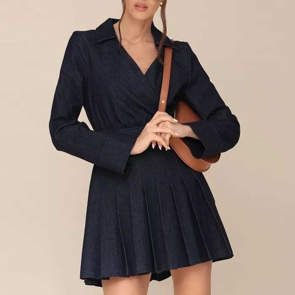 Avec Les Filles Denim Pleated Skirt Mini Dress Long Sleeve Size Small